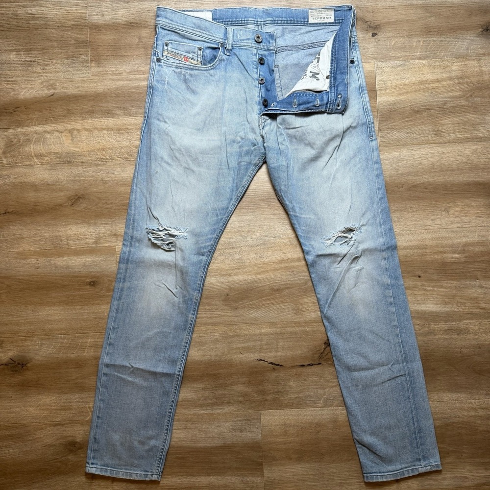 Diesel Tepphar Jeans Men 30x30 Blue Slim Carrot Stretch Light Wash Thrash 008W7